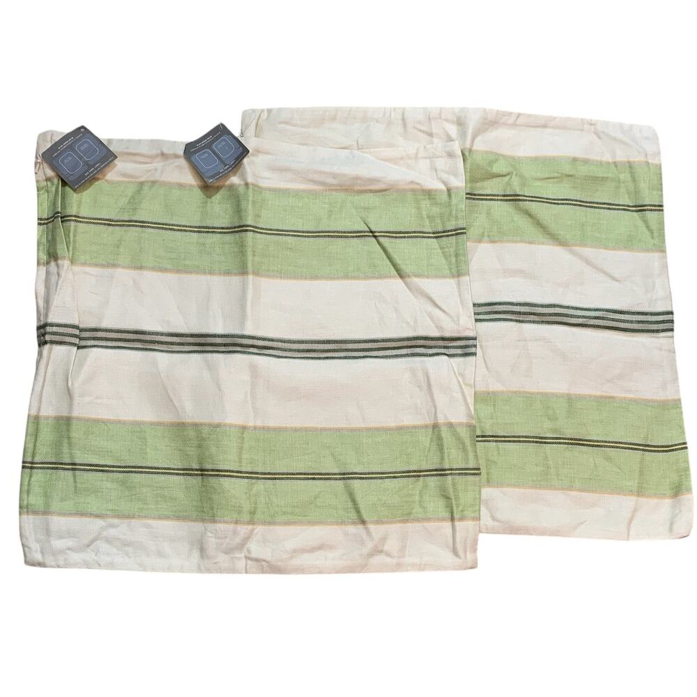 2 Pottery Barn Riley Striped 18x18 Green/Beige/Cream 100% Linen Pillow Covers
